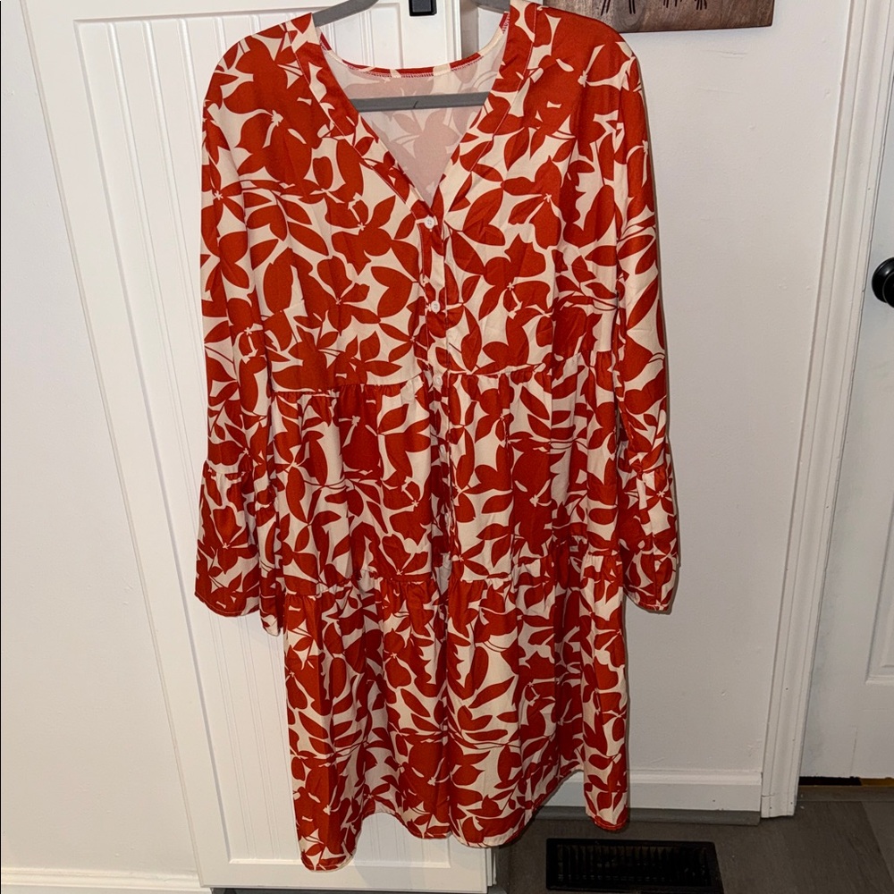 SHEIN Red and White Floral Long Sleeve Dress